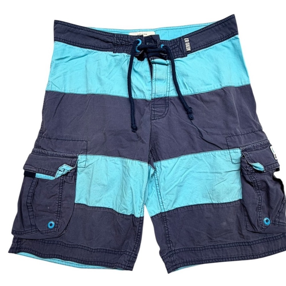 VTG Y2K Aeropostale Mens Striped Cargo Board Shorts BlueTurquoise Cotton Size 33